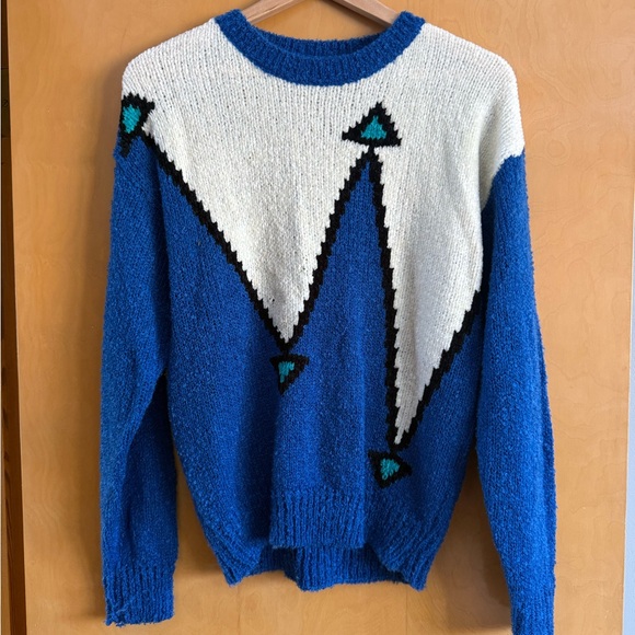 Alia Sweaters - Vintage 90s Geometric Knit Sweater Blue White Retro Cabin Ski Style Small